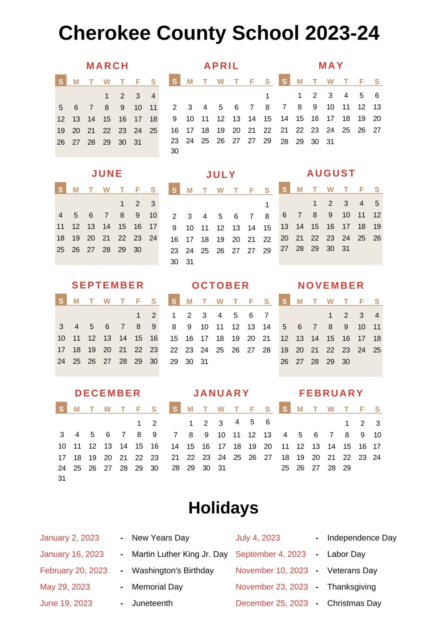 Cherokee County School Calendar (2022-2023) With Holidays