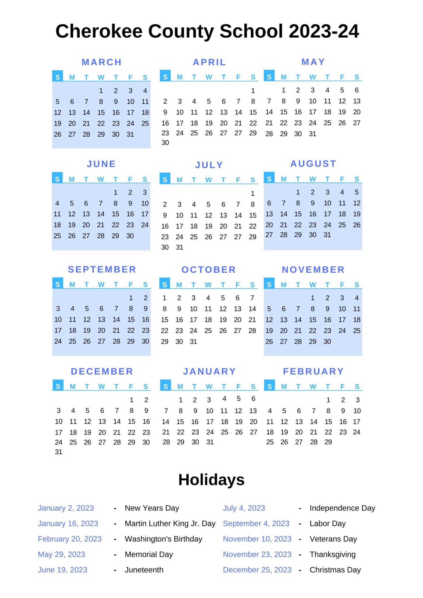 Cherokee County School Calendar (20222023) With Holidays