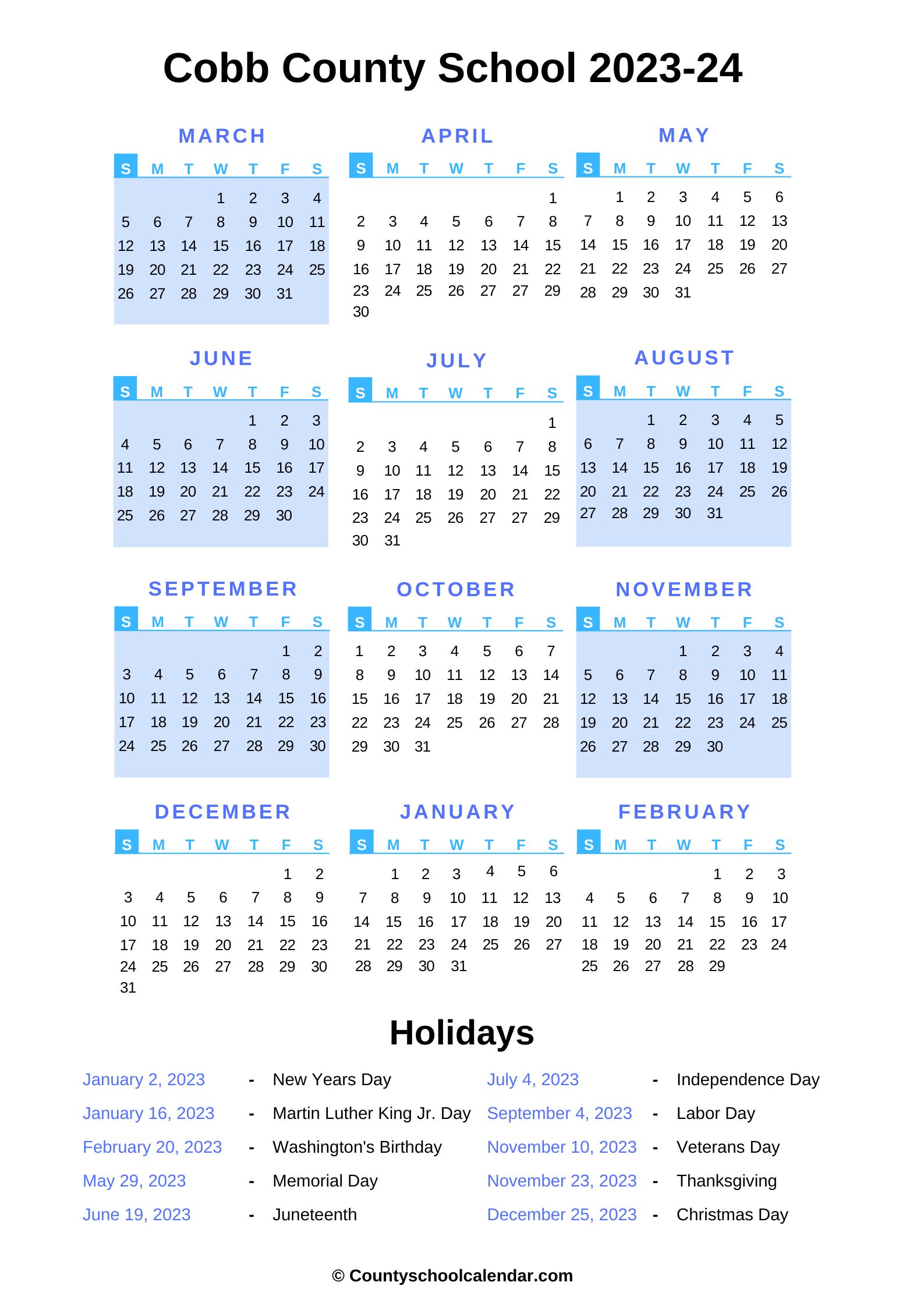 Cobb County School Calendar (202223) with Holidays