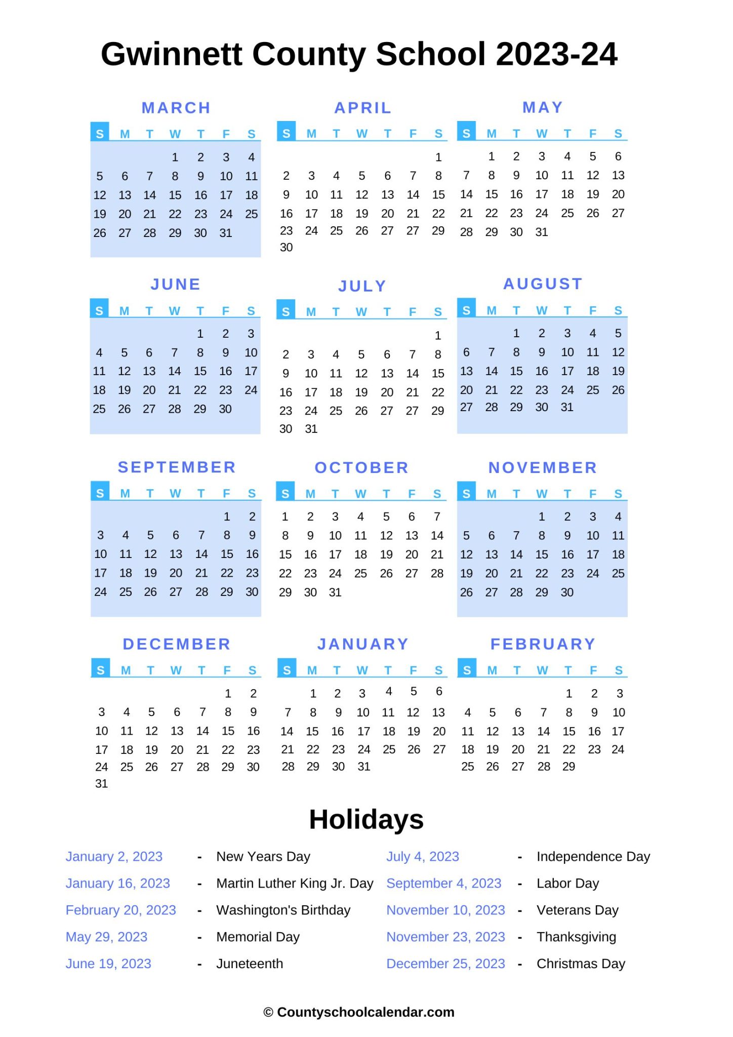 County School Calendar (20222023) with Holidays