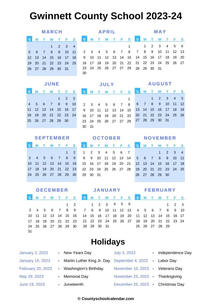 Gwinnett County School Calendar (2022-2023) with Holidays