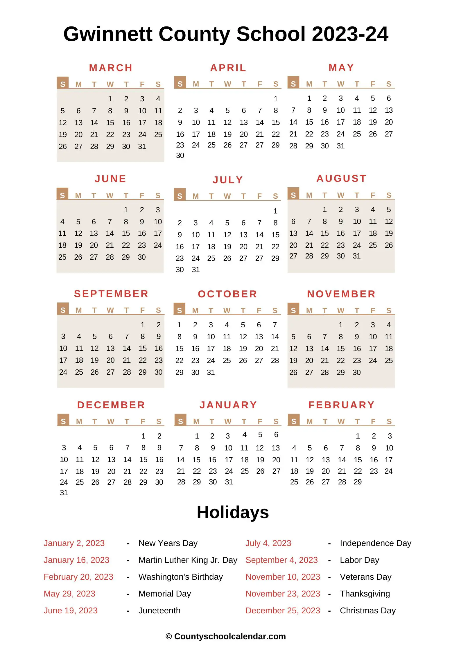 County School Calendar (20222023) with Holidays