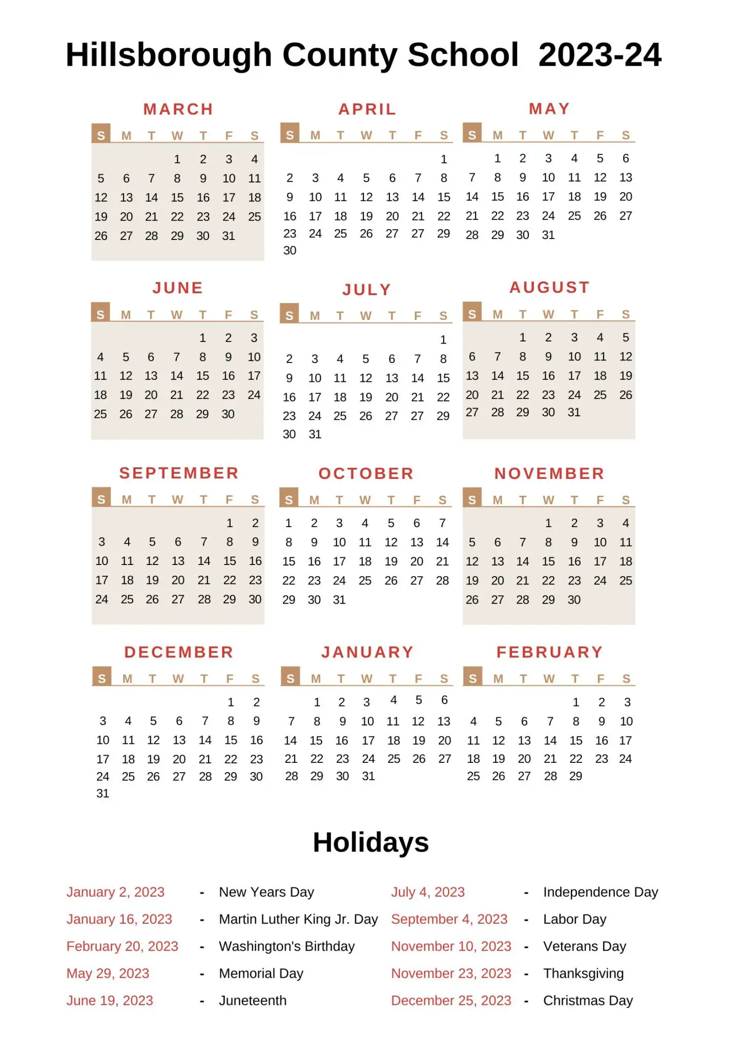Hillsborough County School Calendar (20222023) With Holidays