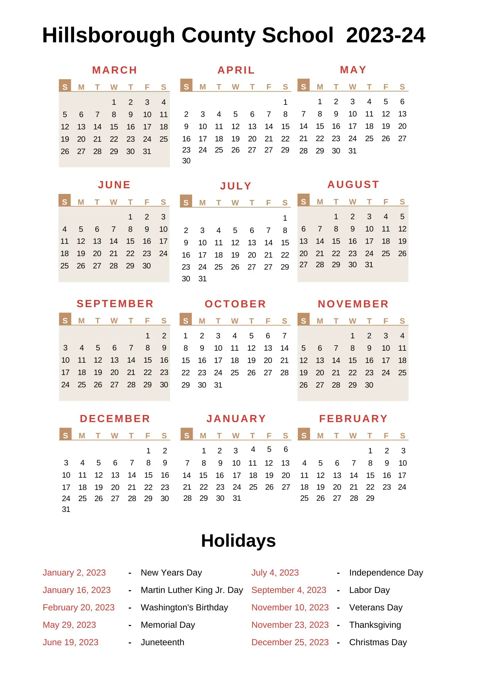 Hillsborough County School Calendar (20222023) With Holidays