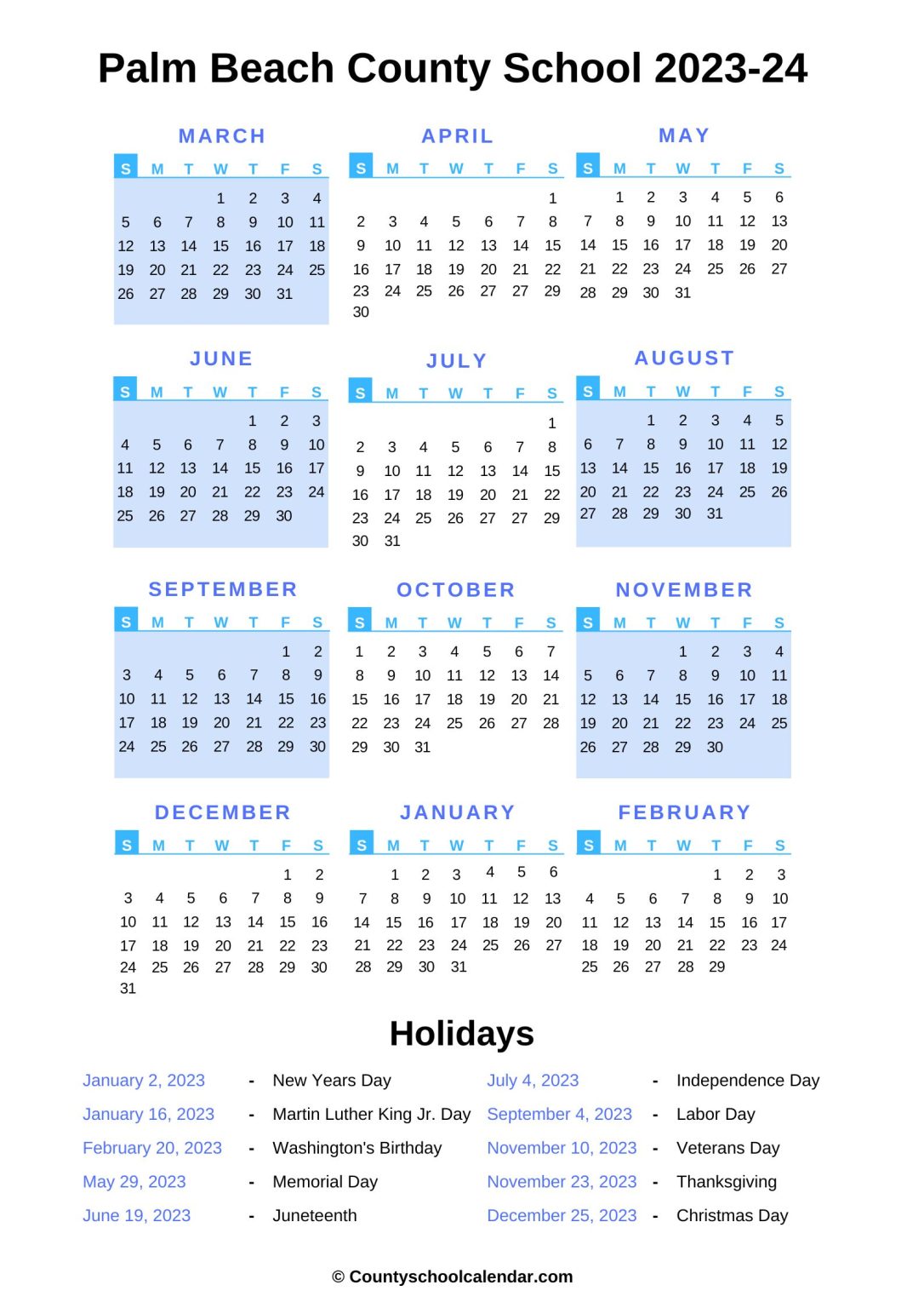 Palm Beach County School Calendar (2022 2023) with Holidays