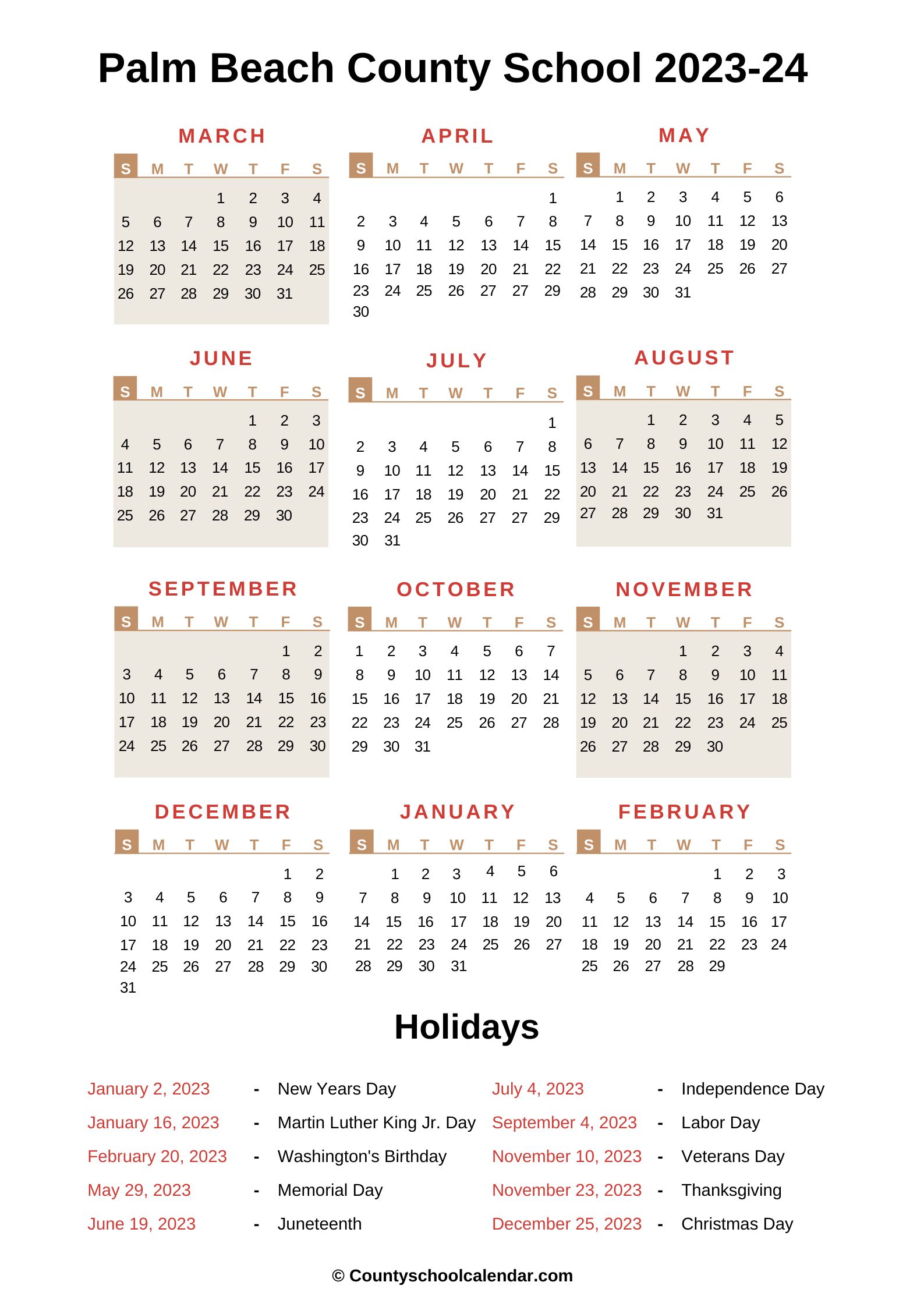 Palm Beach County School Calendar (20222023) with Holidays