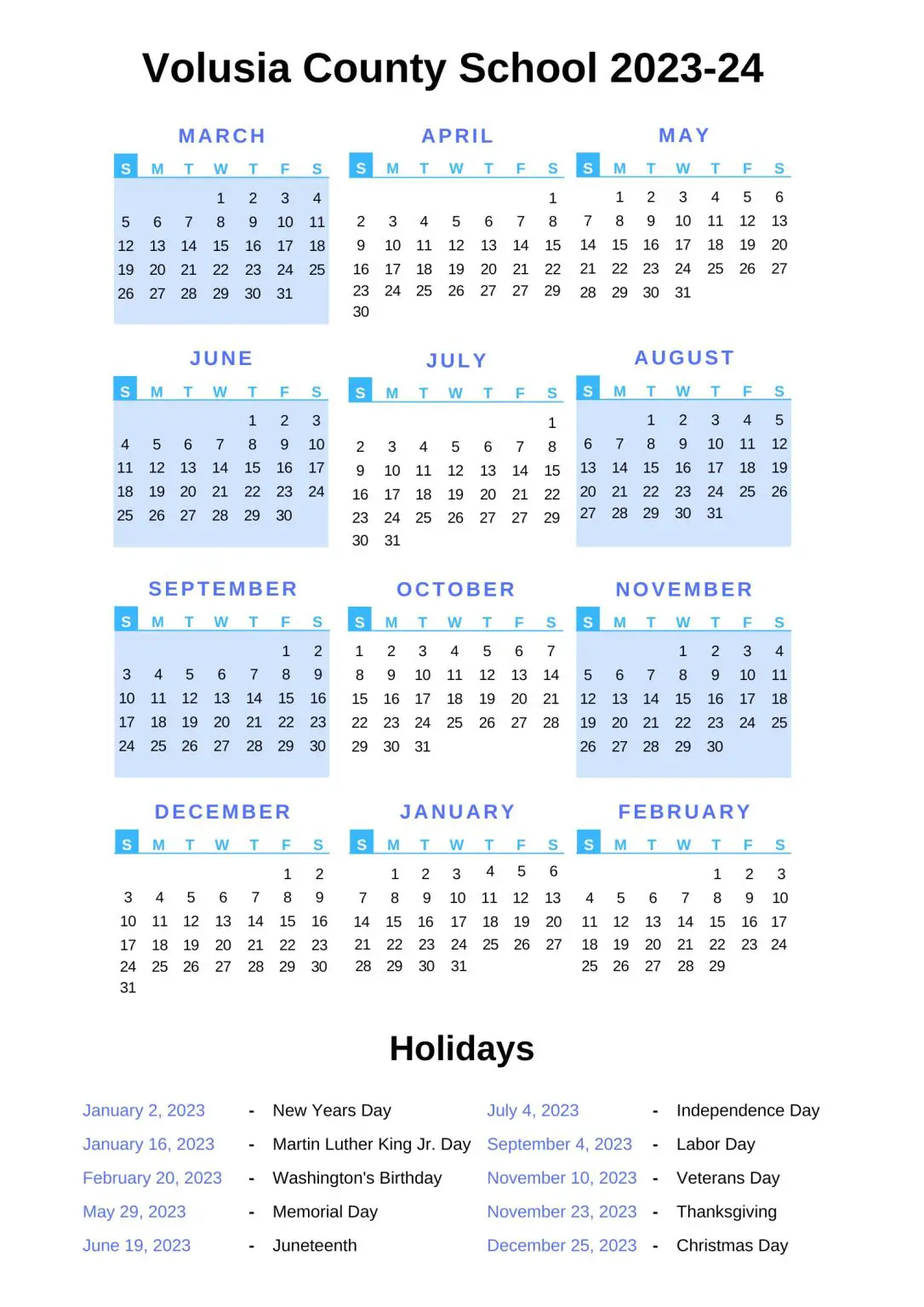 Volusia County School Calendar (20222023) with Holidays