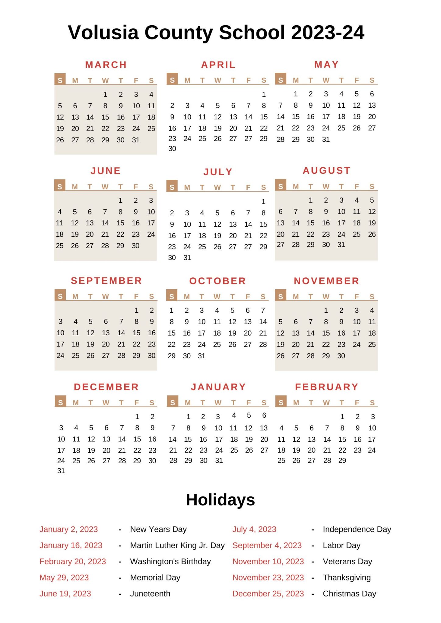 Volusia County School Calendar (20222023) with Holidays