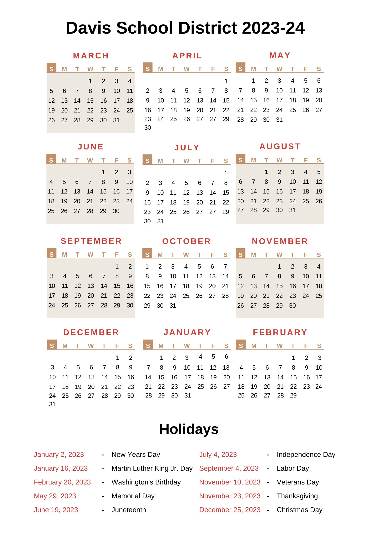 Davis School District Calendar with Holidays 2022 2023