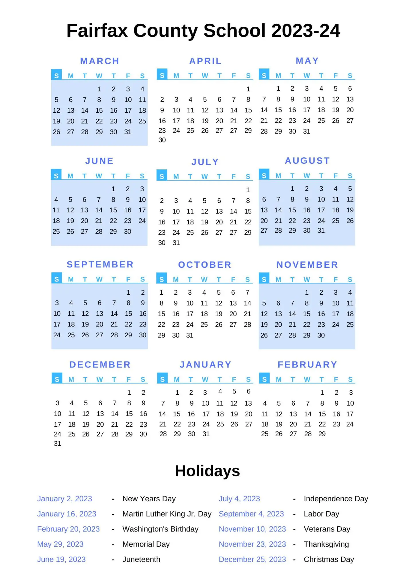 Fairfax County School Calendar with Holidays 20222023