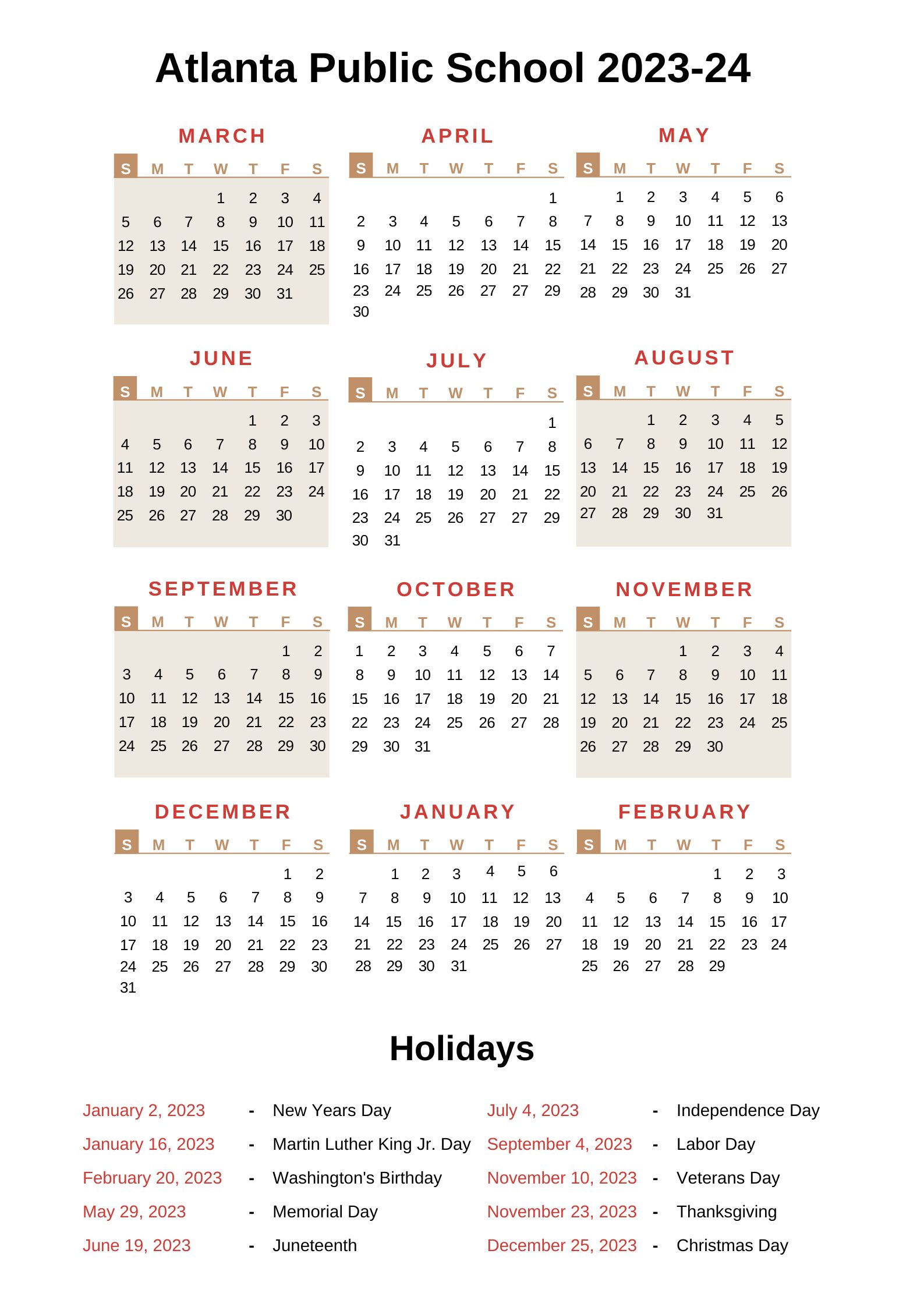 Atlanta Public Schools Calendar With Holidays 20222022