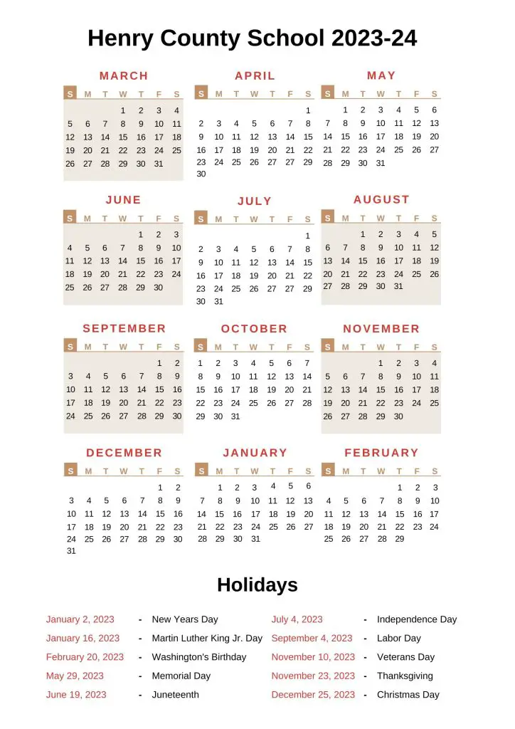 Henry County School Calendars 2023-24