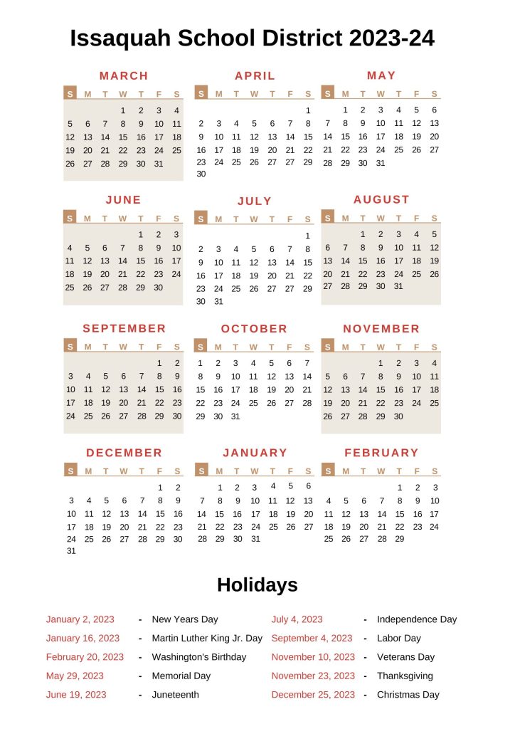 Issaquah School District Calendars 2023-24