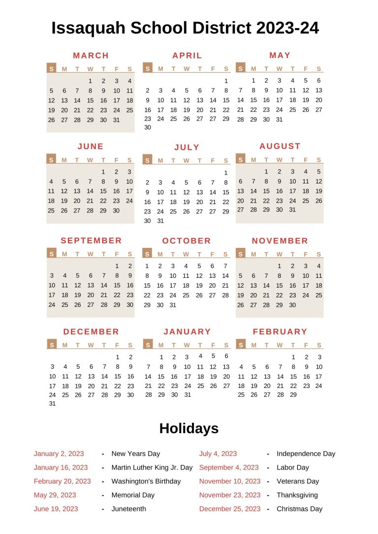 Issaquah School District Calendar with Holidays 20222023