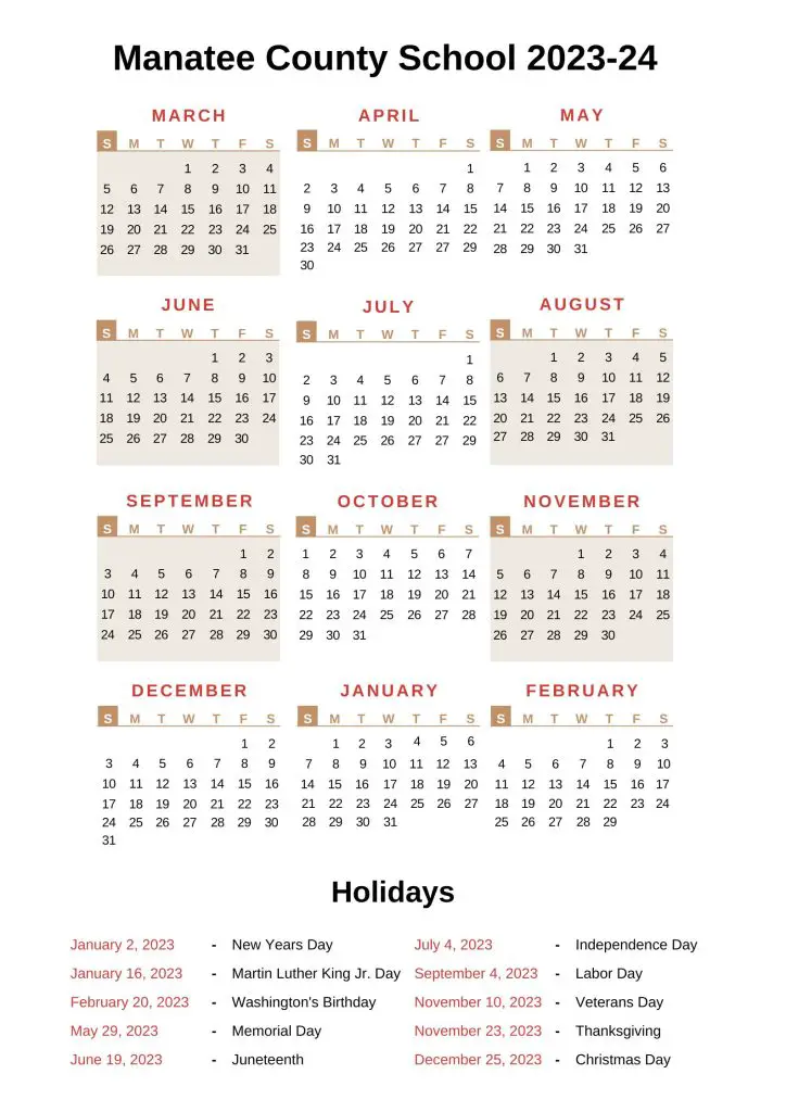 Manatee County School Calendars 2023-24