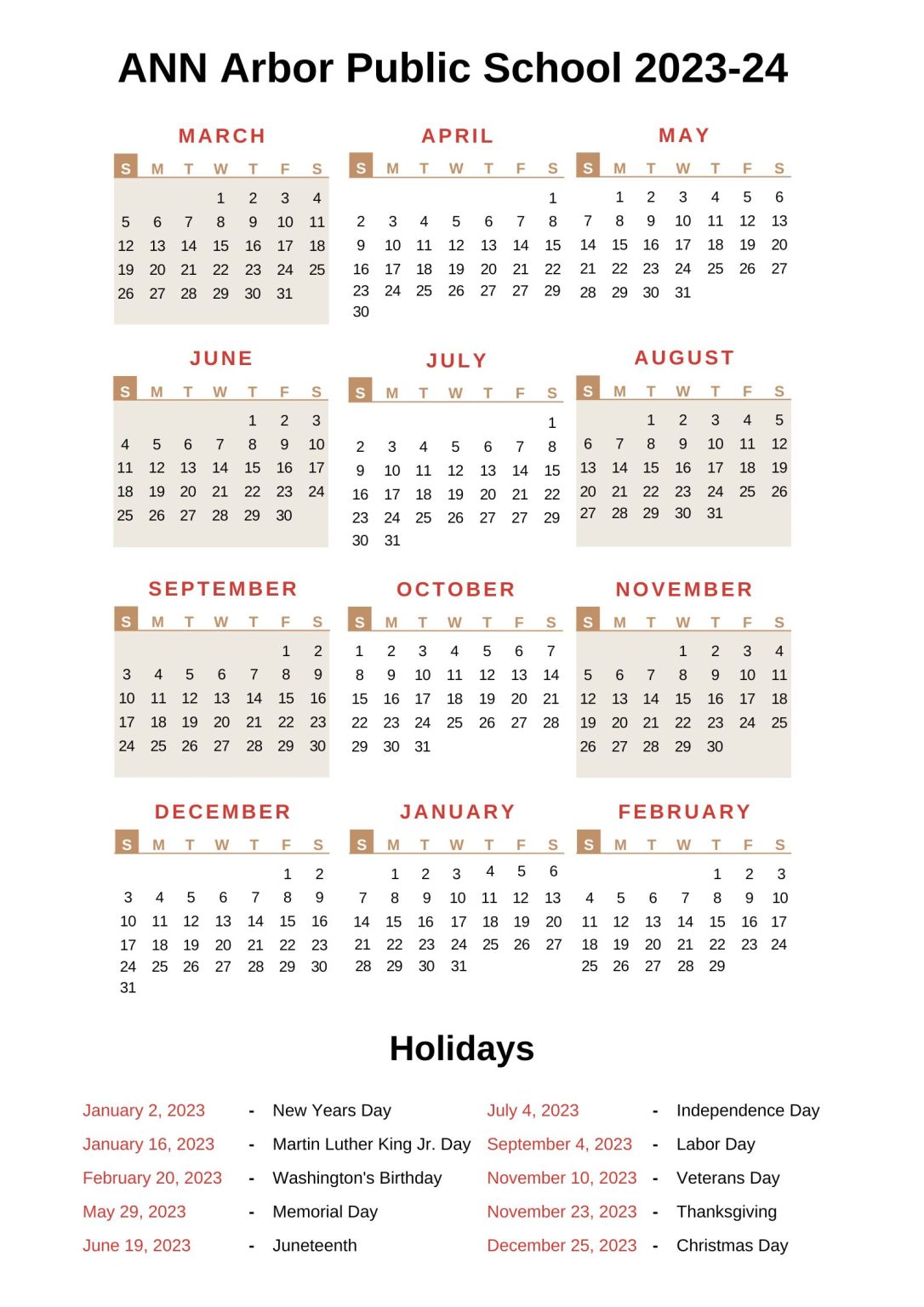 Ann Arbor Public Schools Calendar [AAPS] 202324 with Holidays