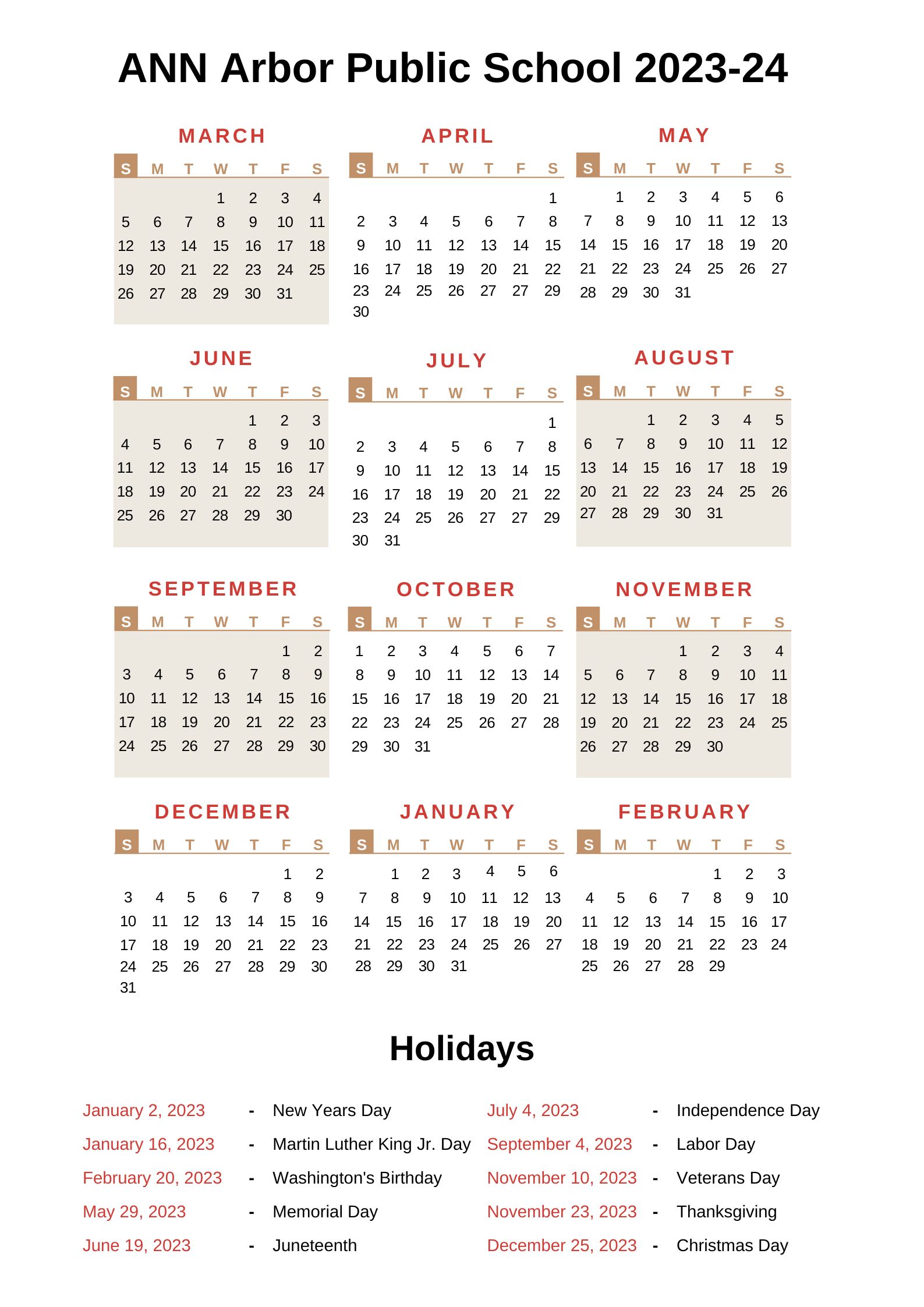 Ann Arbor Public Schools Calendar AAPS 2023 24 with Holidays