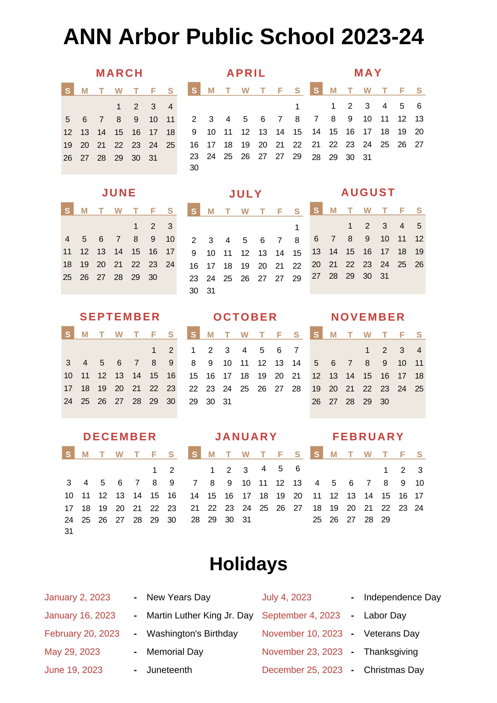 Ann Arbor Public Schools Calendar AAPS 2023 24 With Holidays