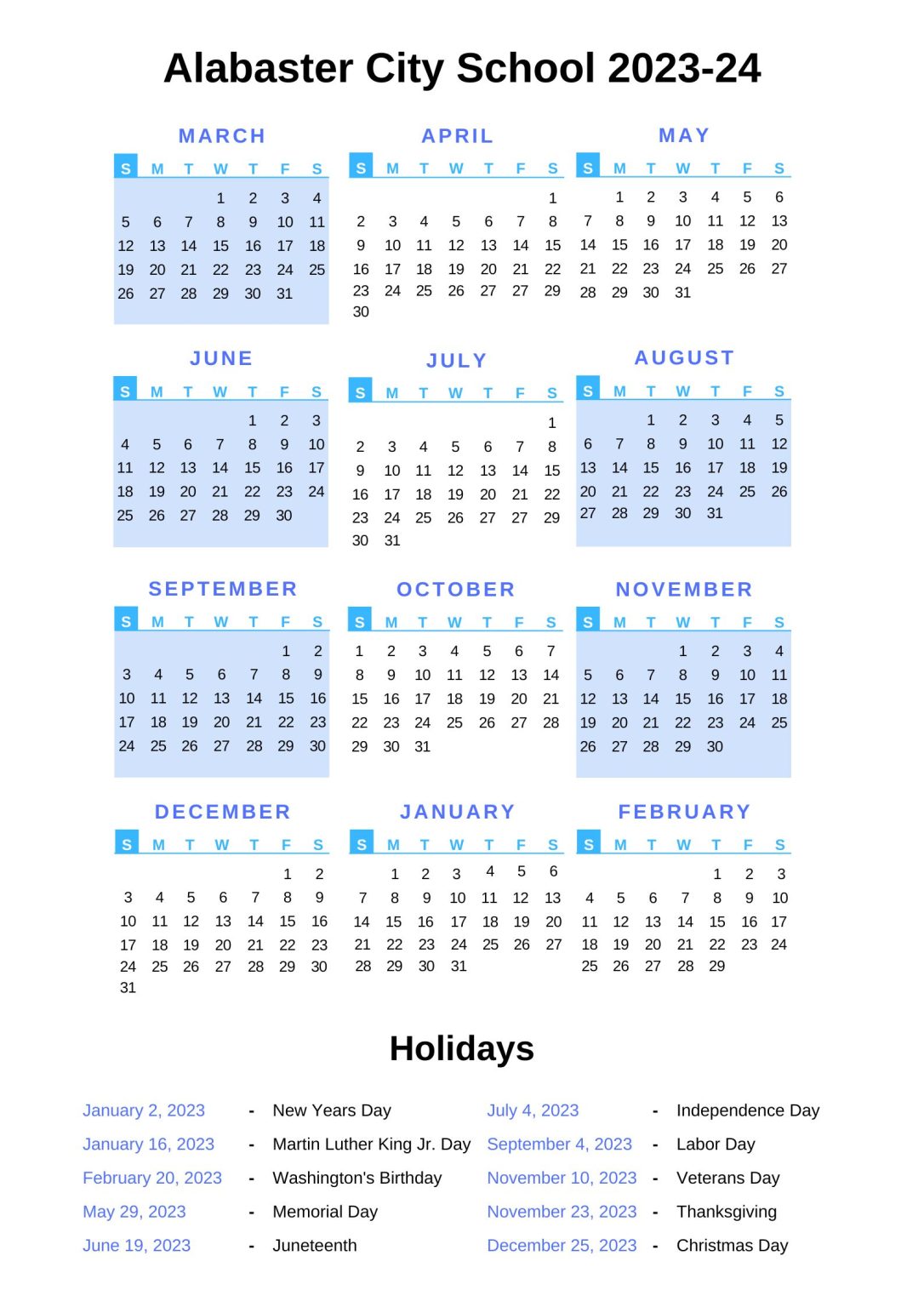 Alabaster City Schools Calendar 202324 with Holidays