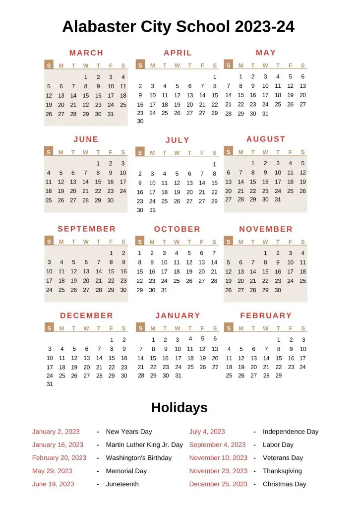 Alabaster City School Calendar 2023 2024