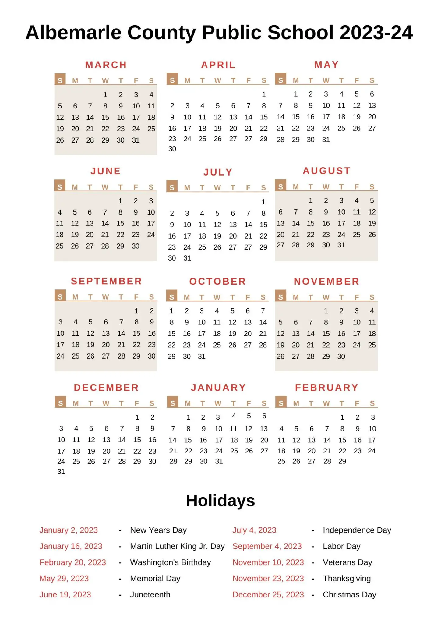Albemarle County Public Schools Calendar 202324 with Holidays