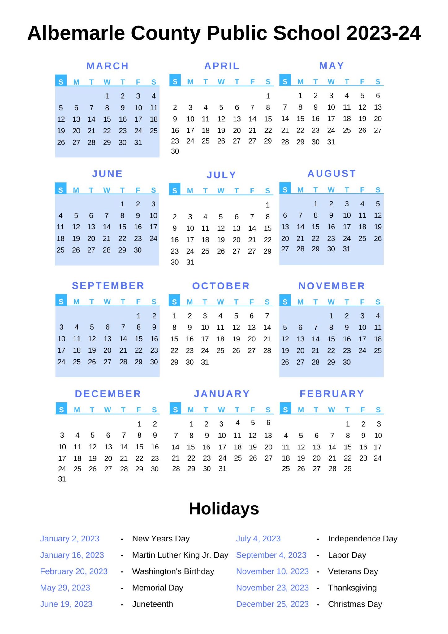 Albemarle County Public Schools Calendar 202324 with Holidays