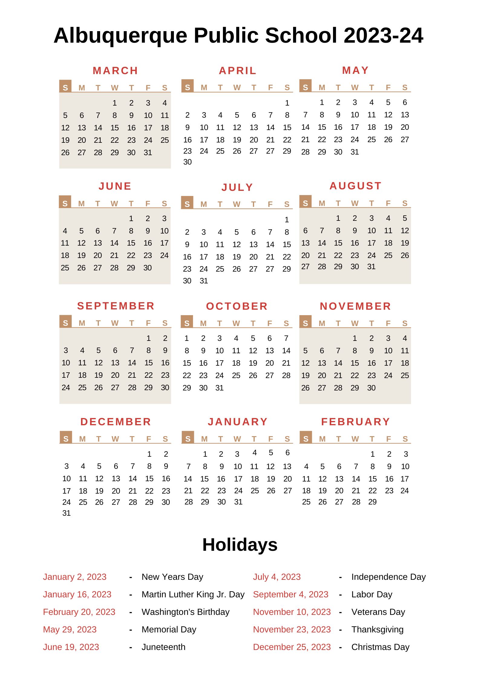 Albuquerque Public Schools Calendar [APS] 202324 with Holidays
