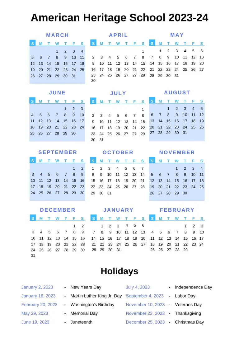 American Heritage School Calendar 202324 With Holidays