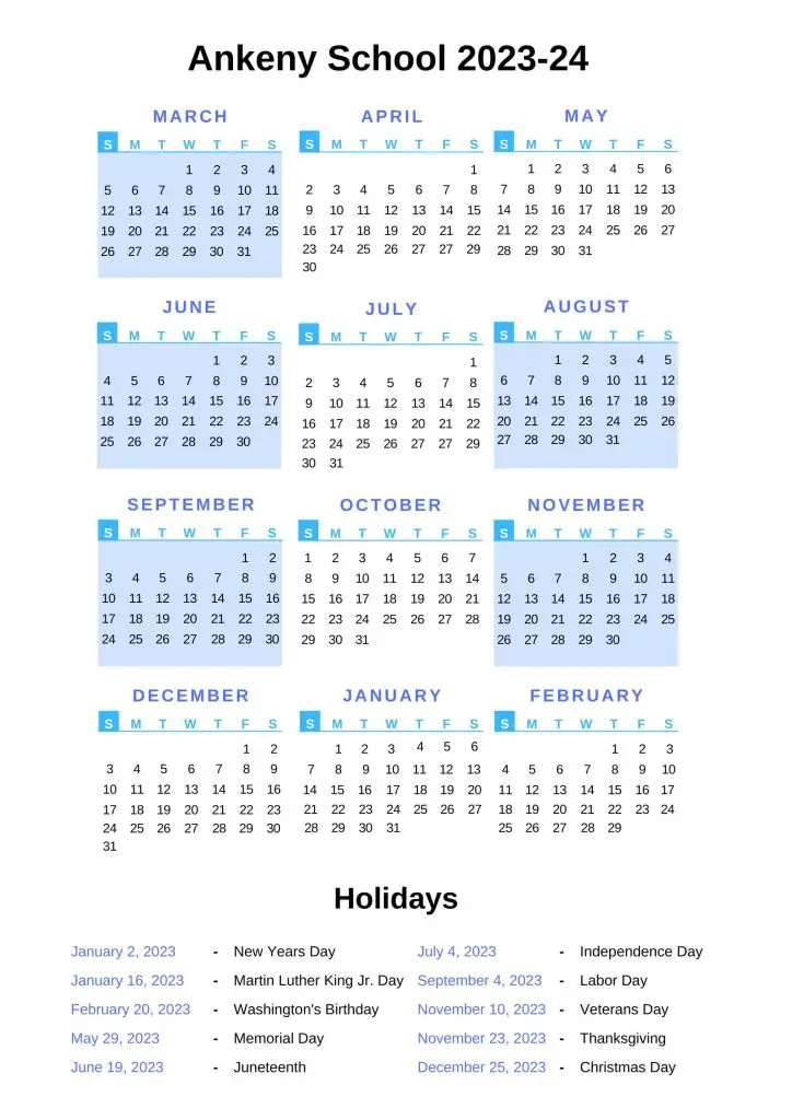 Ankeny Schools Holiday Calendar 2023-24
