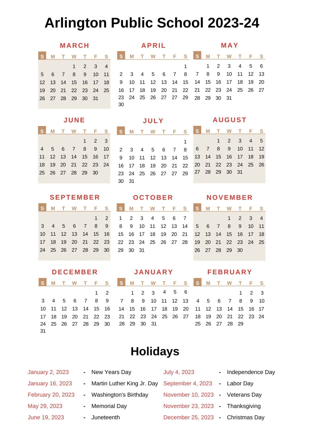 Arlington Public Schools Calendar [APS] 202324 with Holidays