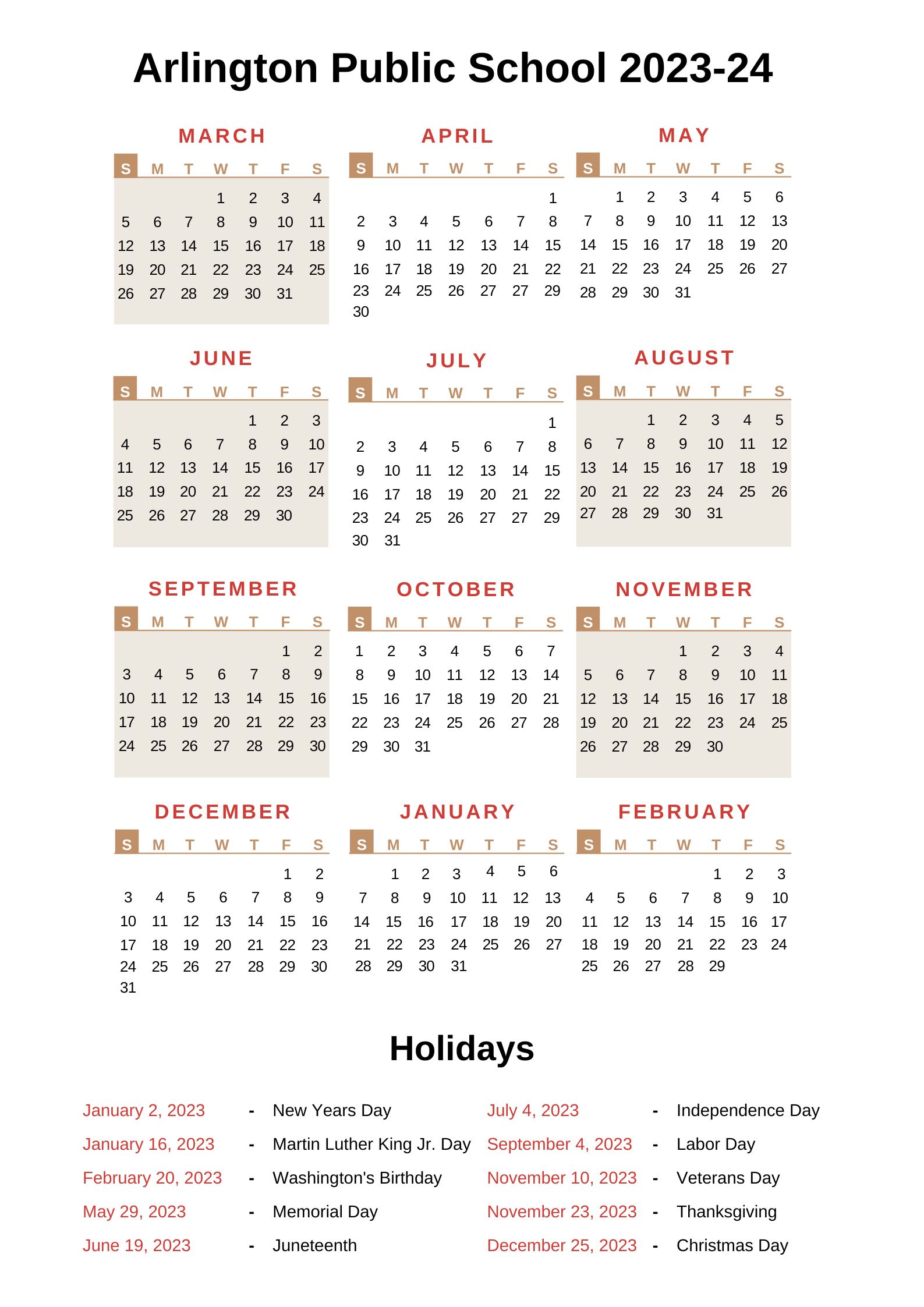 Arlington Public Schools Calendar [APS] 202324 with Holidays