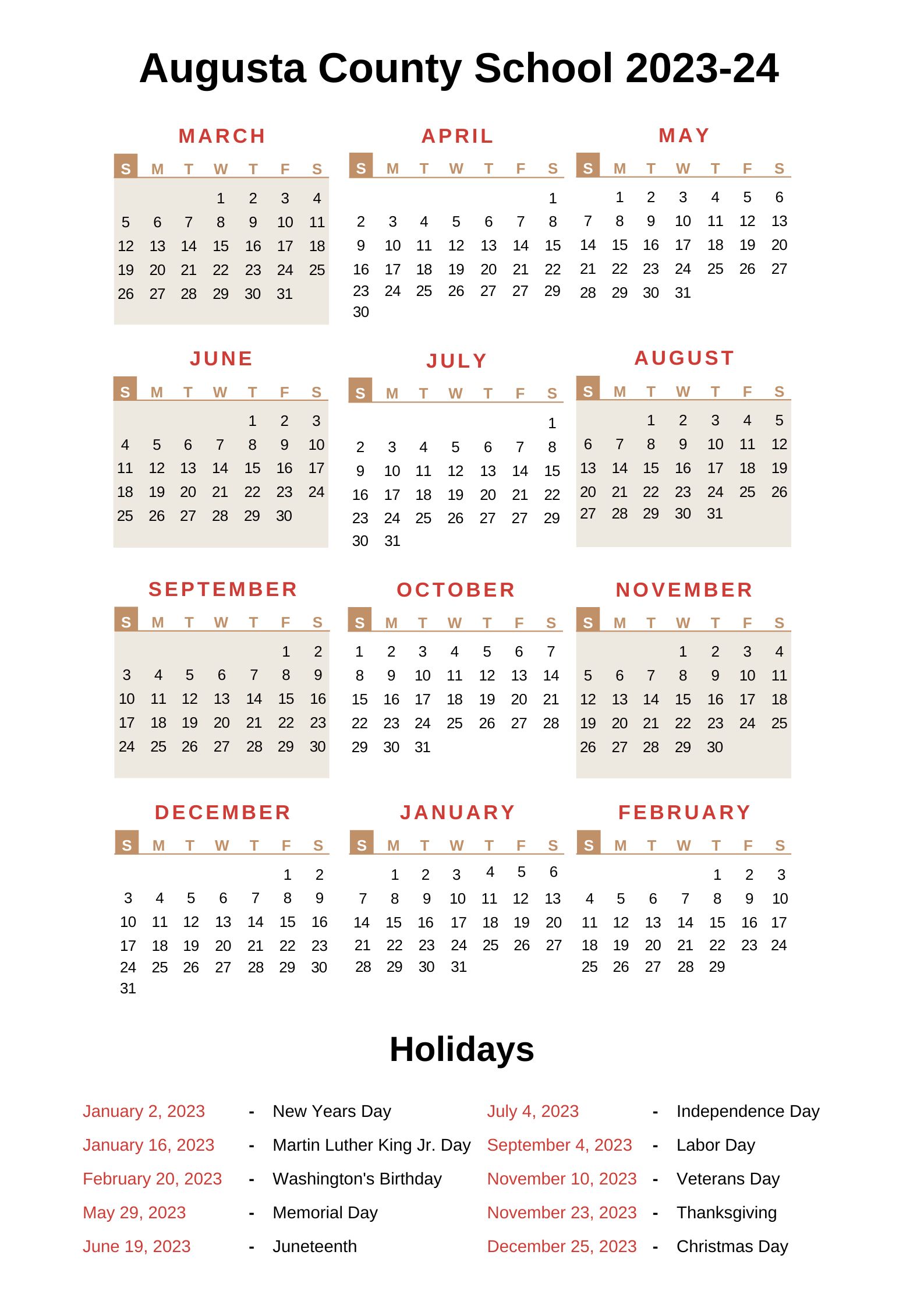 Augusta County Schools Calendar [ACPS] 202324 With Holidays