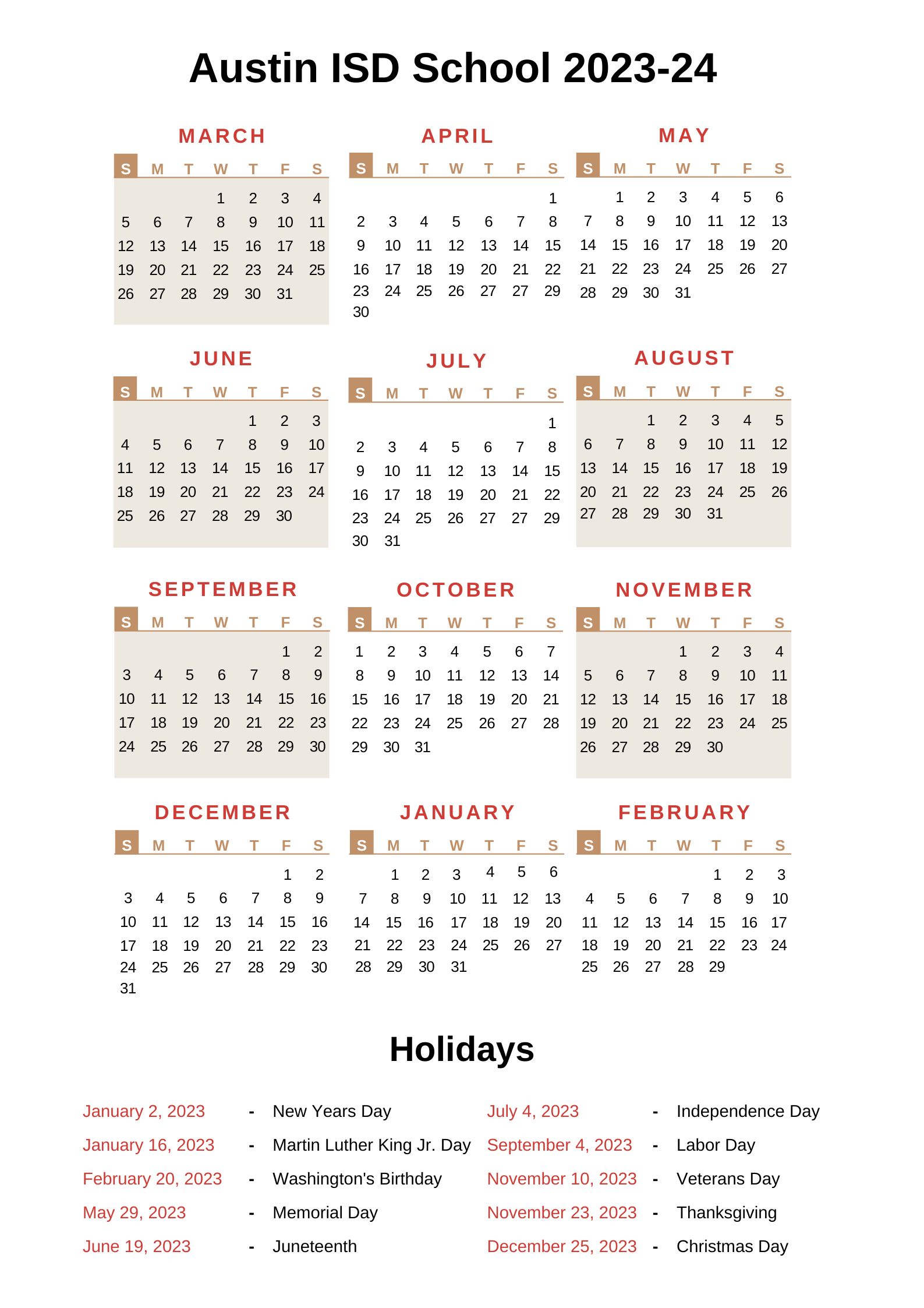 Austin ISD School Calendar [AISDS] 202324 with Holidays