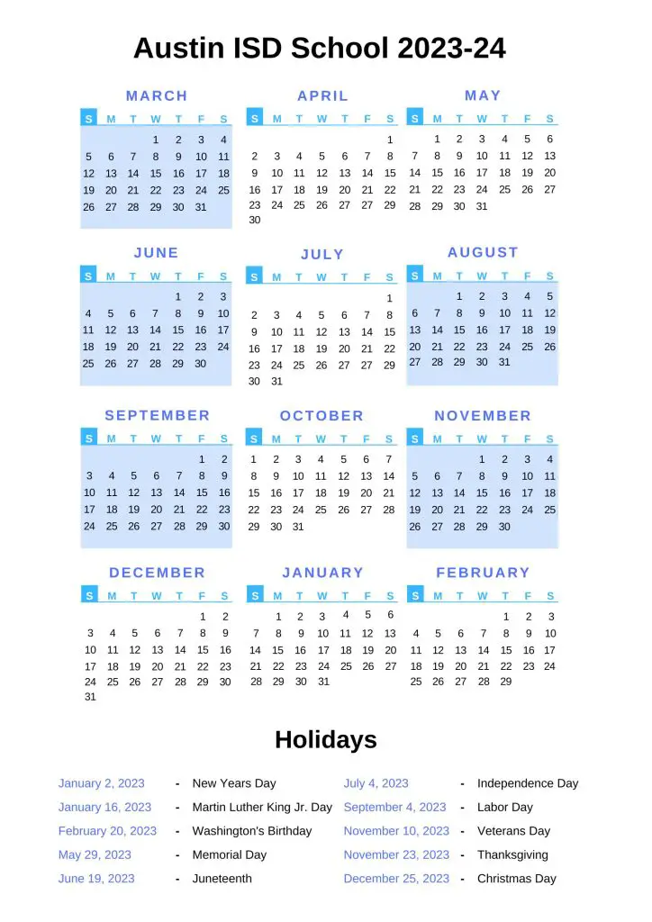 Austin ISD Schools Calendar