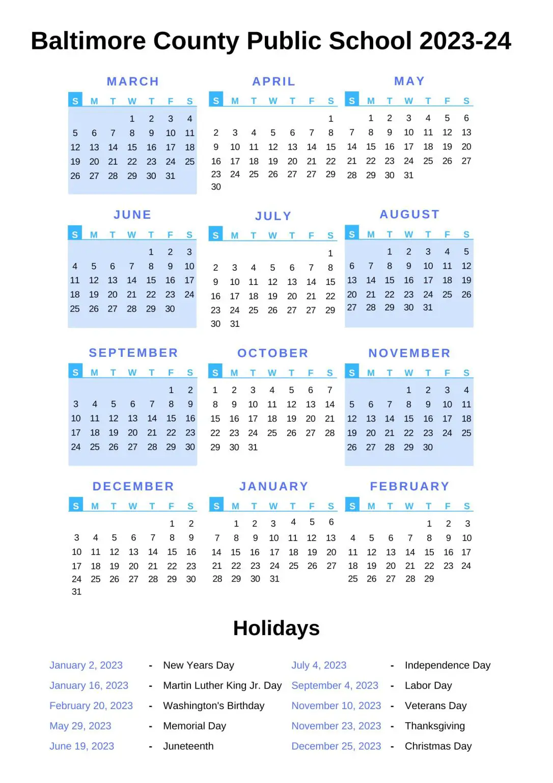 Baltimore County Public Schools Calendar 202324 With Holidays