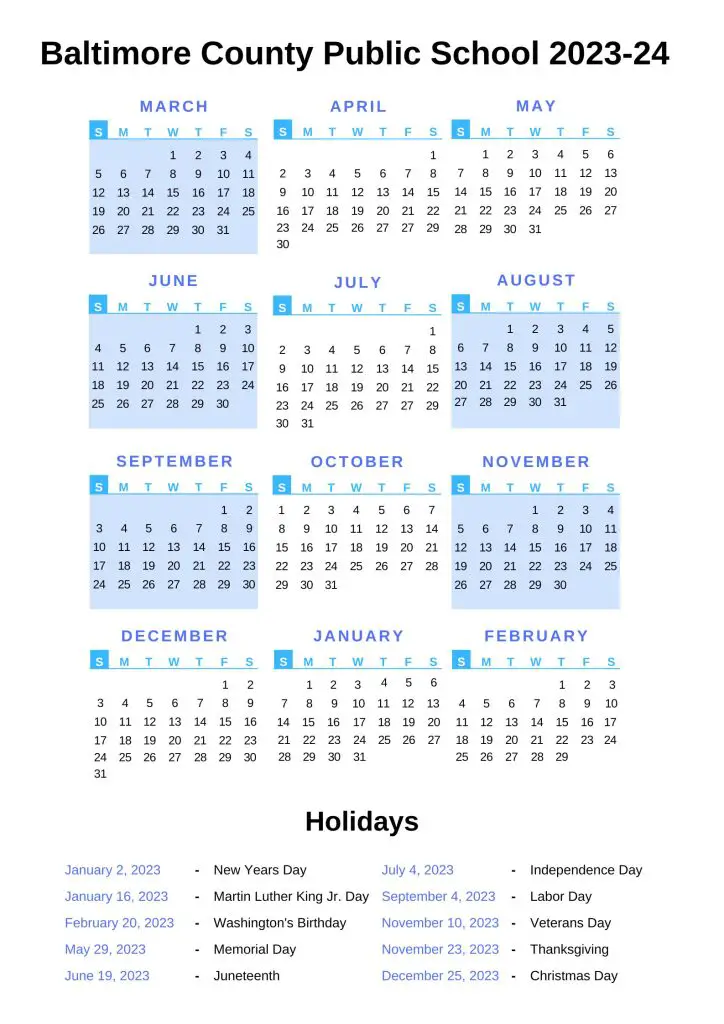 Baltimore County Public Schools Calendar 2023-24 With Holidays