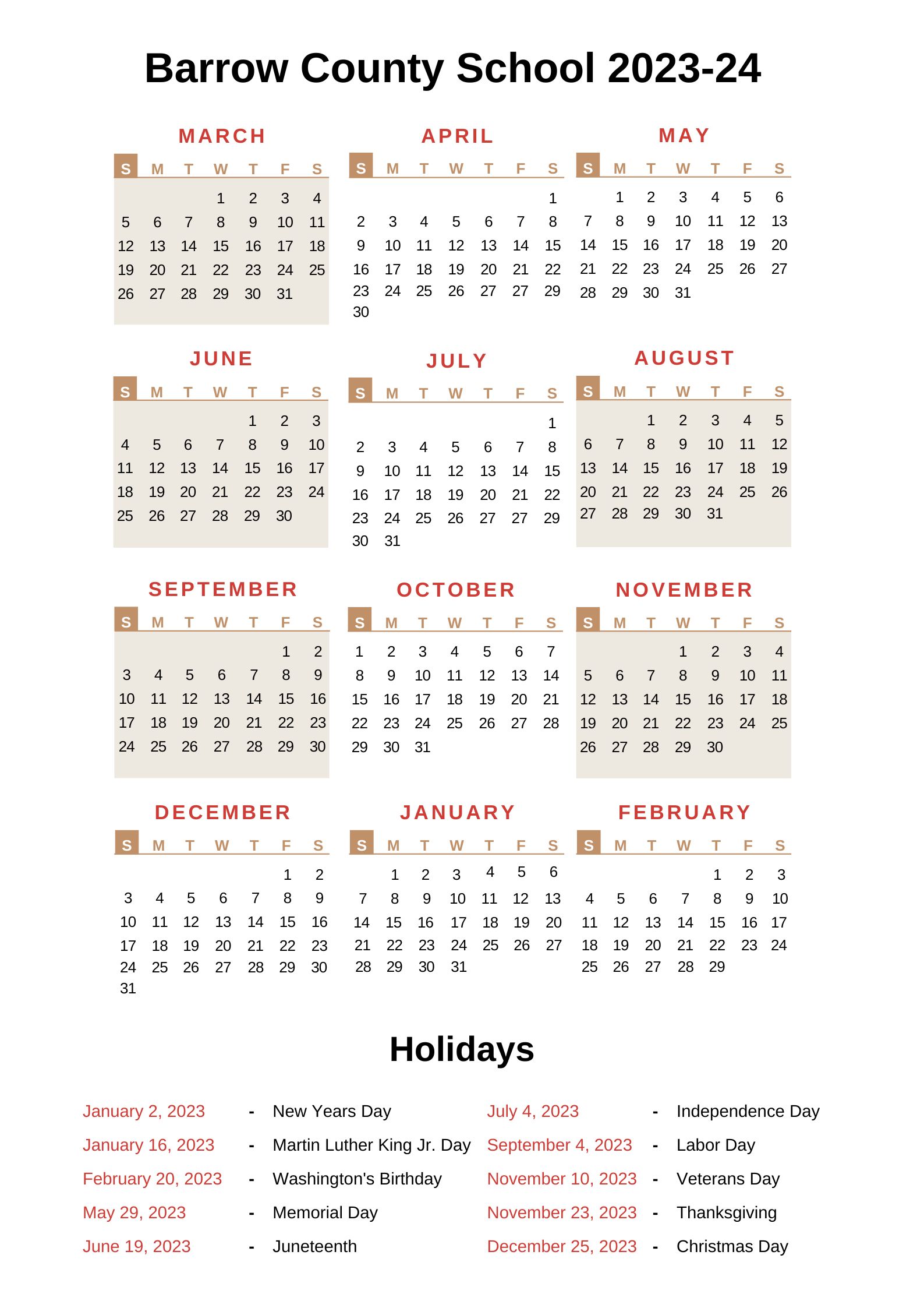 Barrow County Schools Calendar 202324 with Holidays
