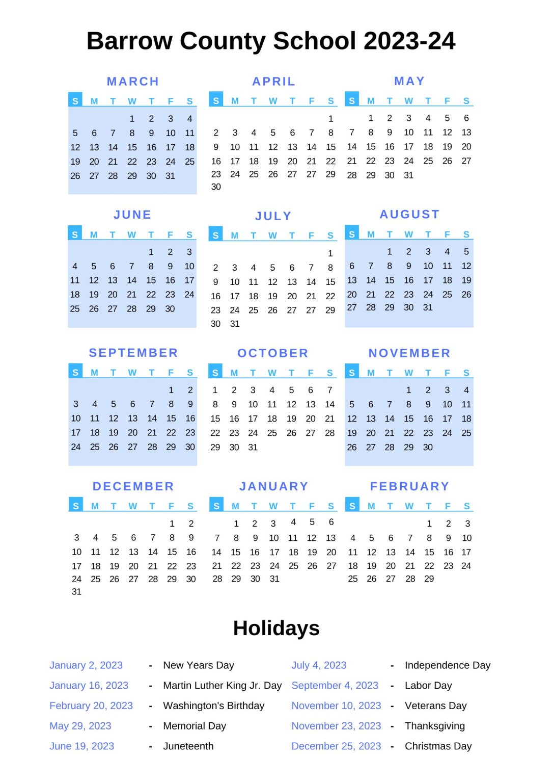 Barrow County Schools Calendar 2023 24 with Holidays