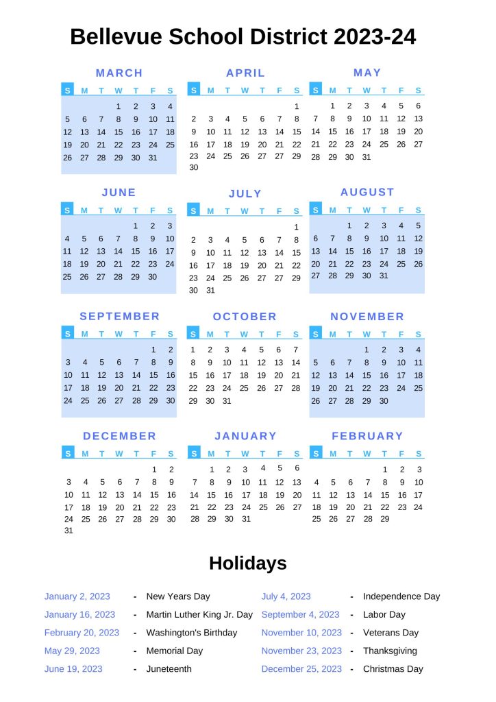 Bellevue Public Schools Calendar with Holidays 2023-24