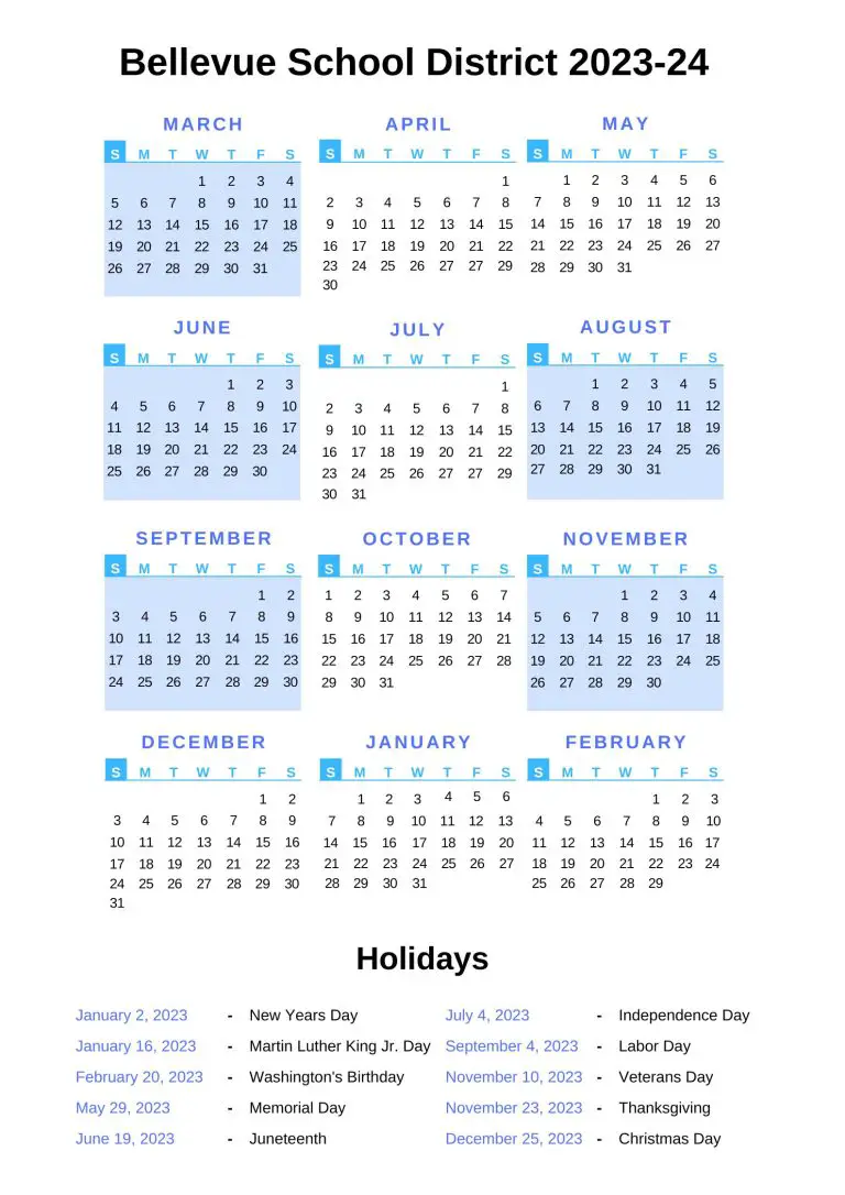 Bellevue School District Calendar 2023-24 with Holidays