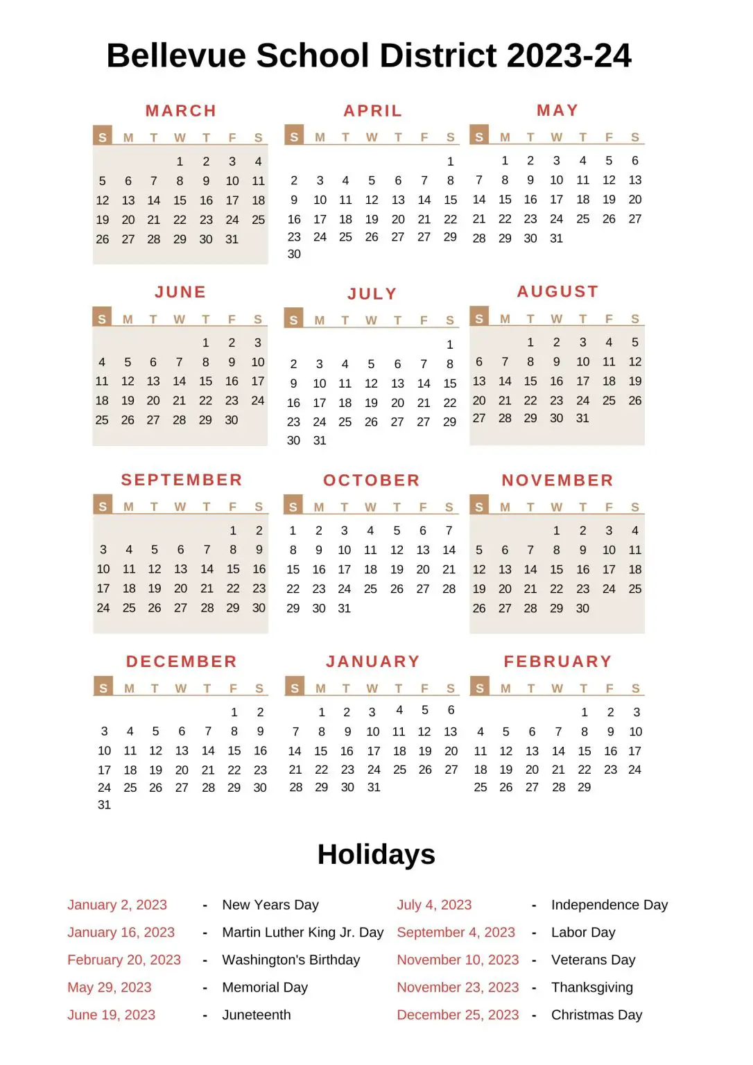 Bellevue School District Calendar 2023-24 with Holidays
