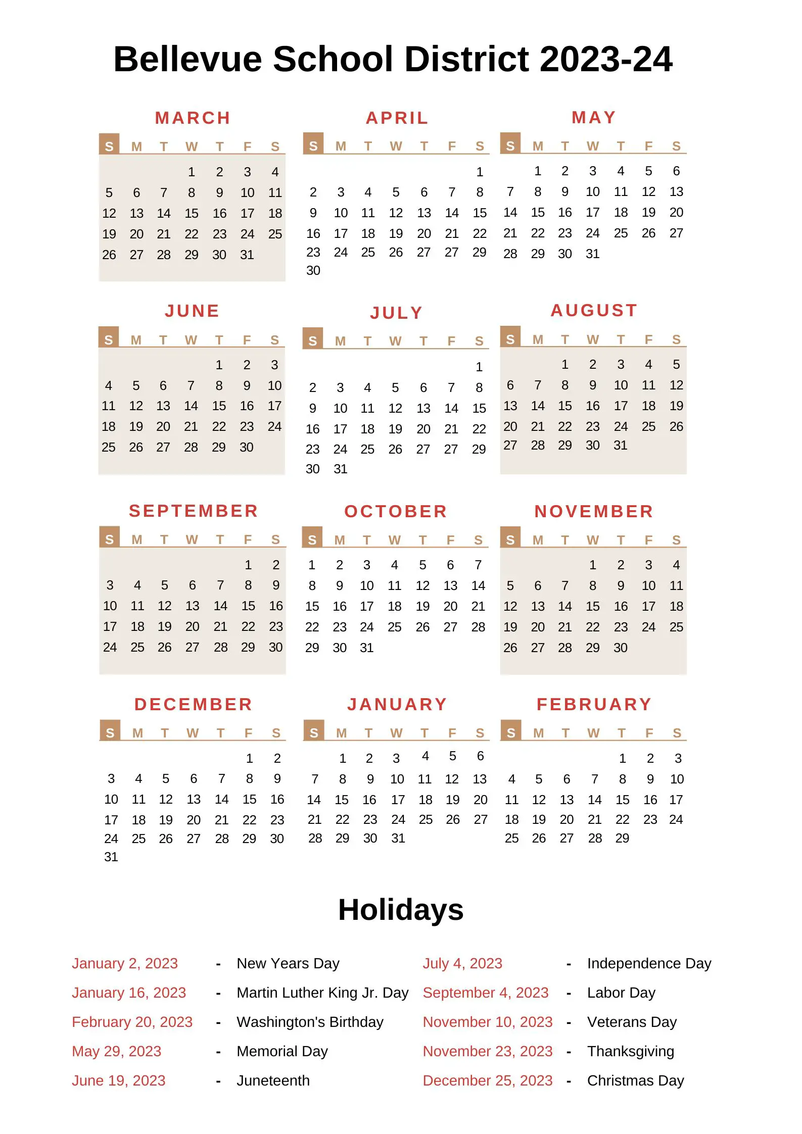 Bellevue School District Calendar 202324 with Holidays