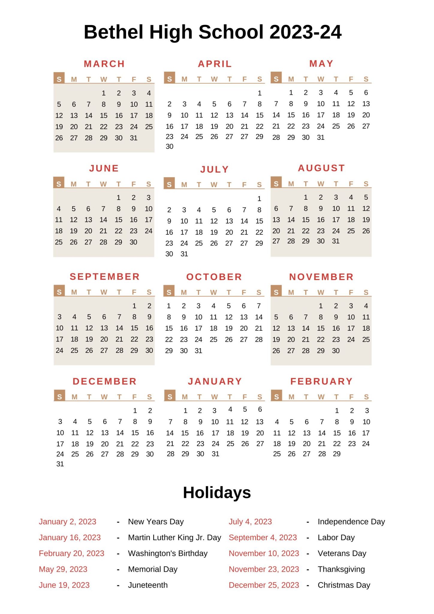 Bethel High School Calendar BHS 2023 24 With Holidays