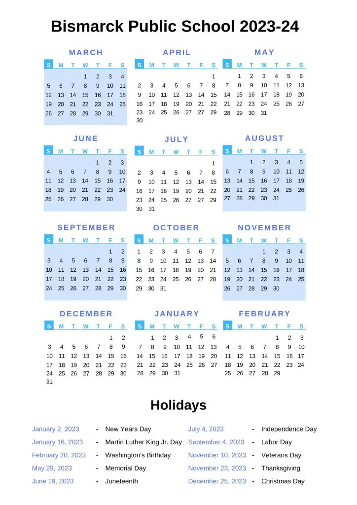 Bismarck Public School Holiday Calendar 2023-24