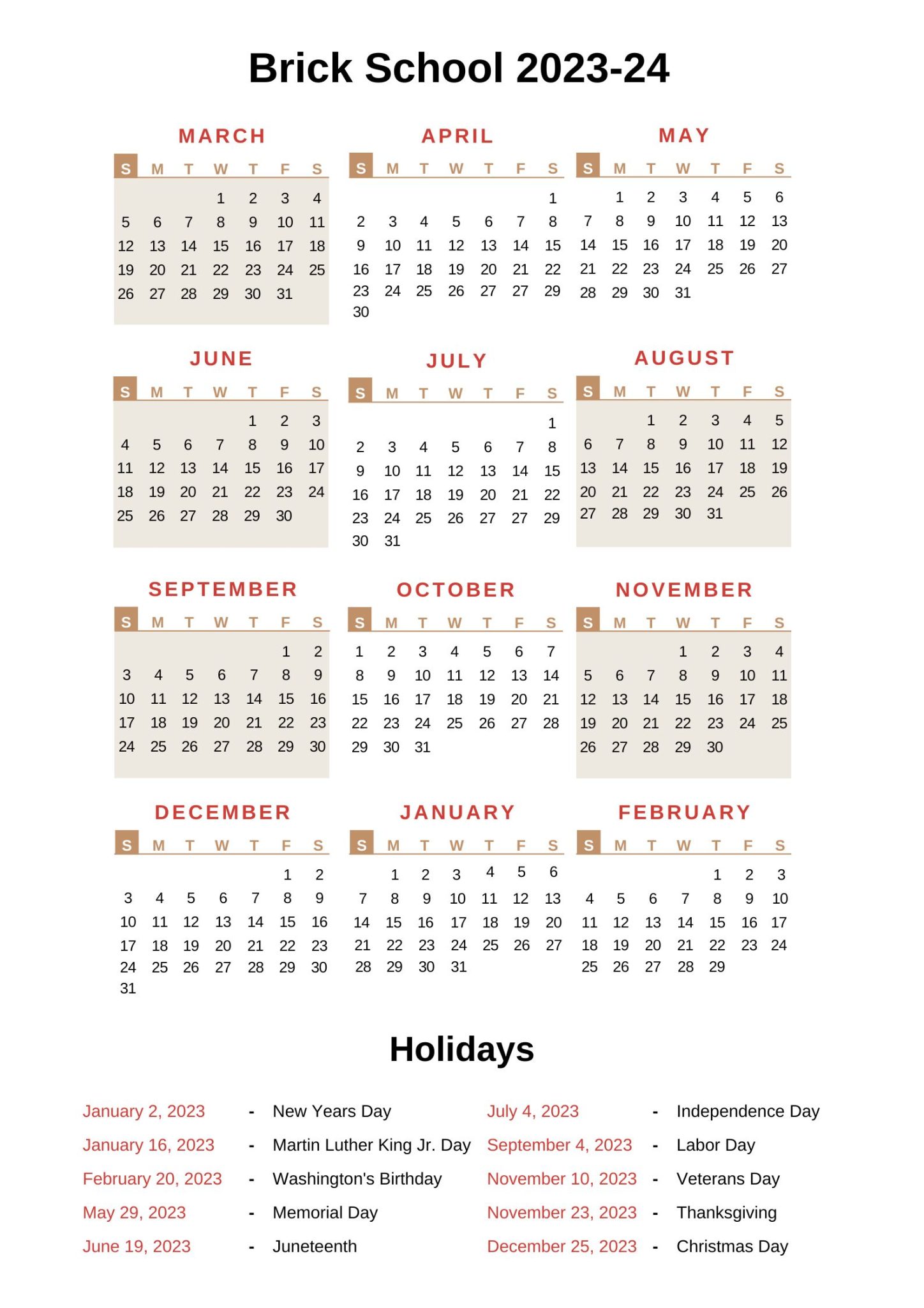 Brick Schools Calendar 2023 24 BPS with Holidays