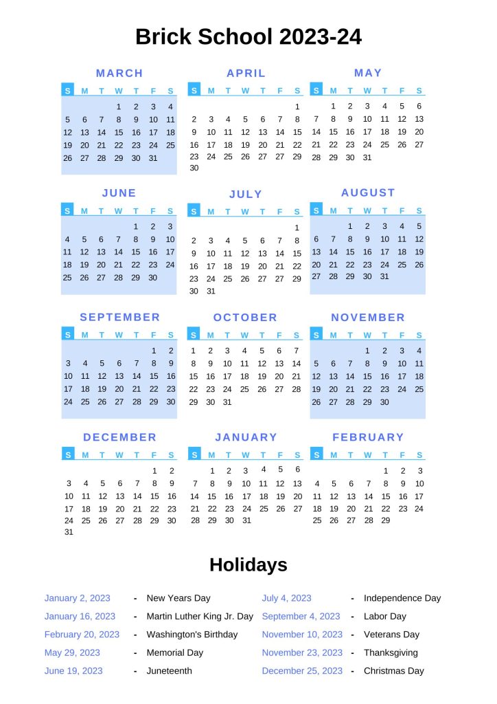 Brick Township Public School Holiday Calendar 2023-2024