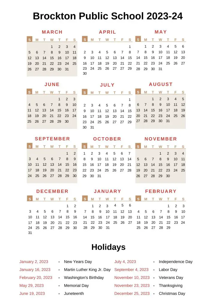Brockton Public School Calendar 