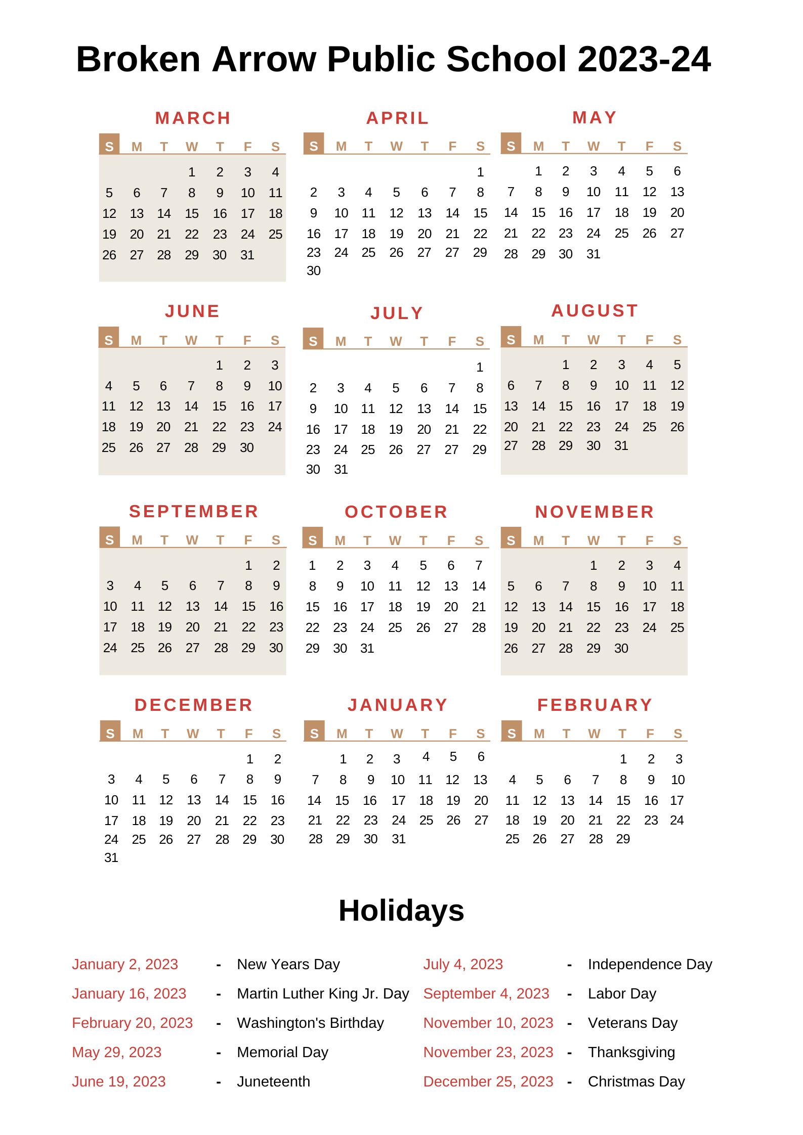 Broken Arrow Public Schools Calendar [BAS] 202324 Holidays