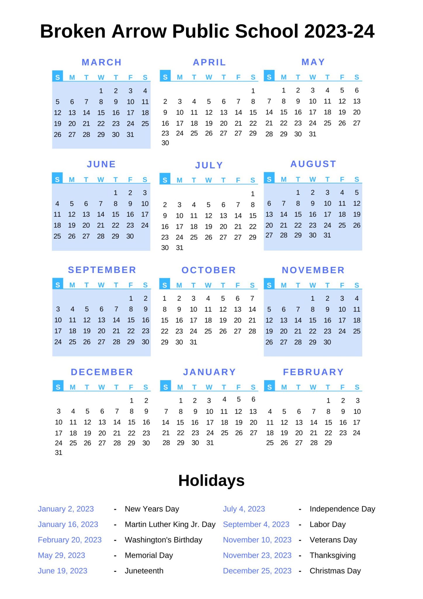 Broken Arrow Public Schools Calendar [BAS] 202324 Holidays