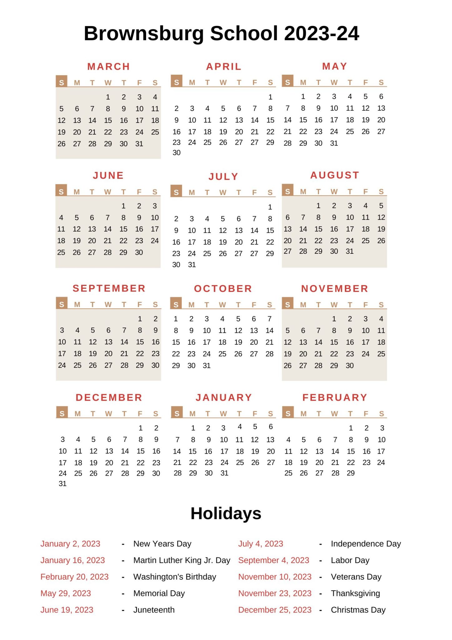 Brownsburg Schools Calendar 202324 with holidays